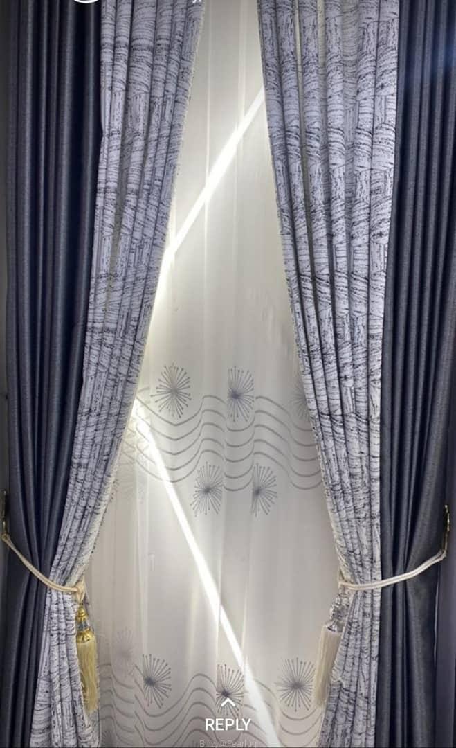 Curtains, curtain rods and cushions