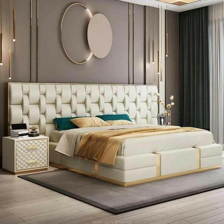 Geometric bed 6×6 with long head board and side drawers..