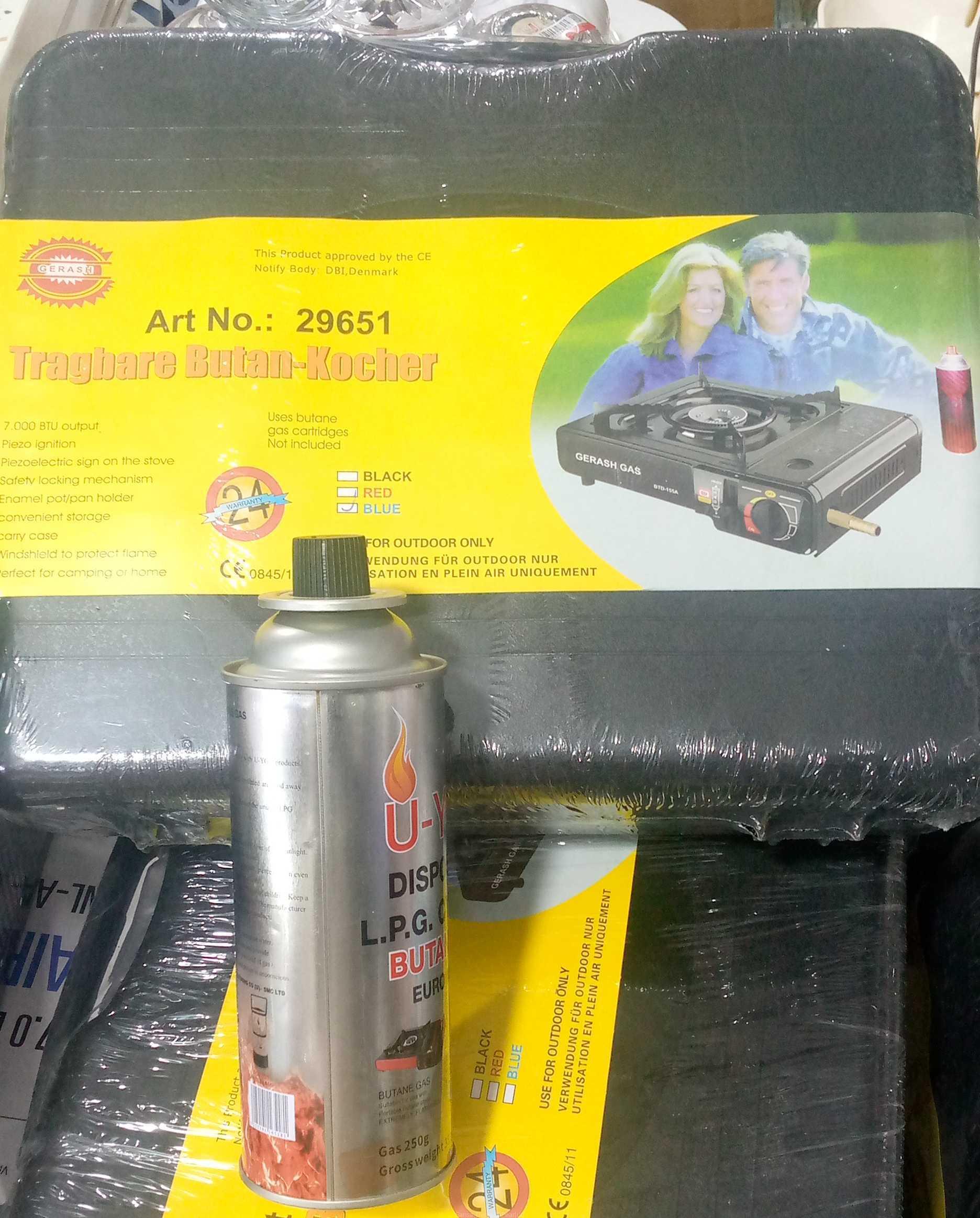 Portable stove and gas can.