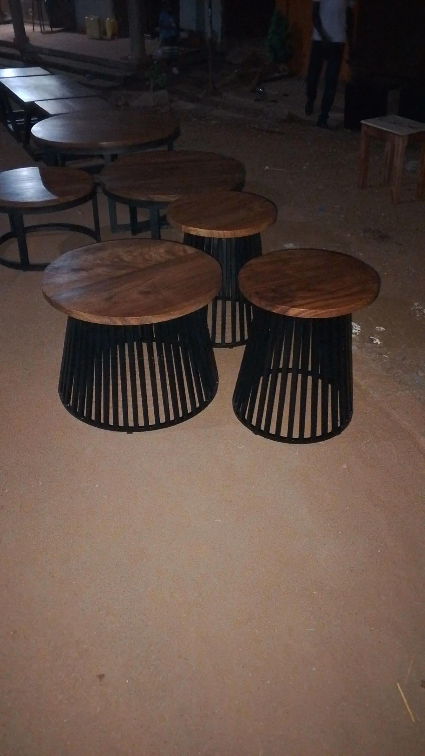 Wood and steel slated round coffee table