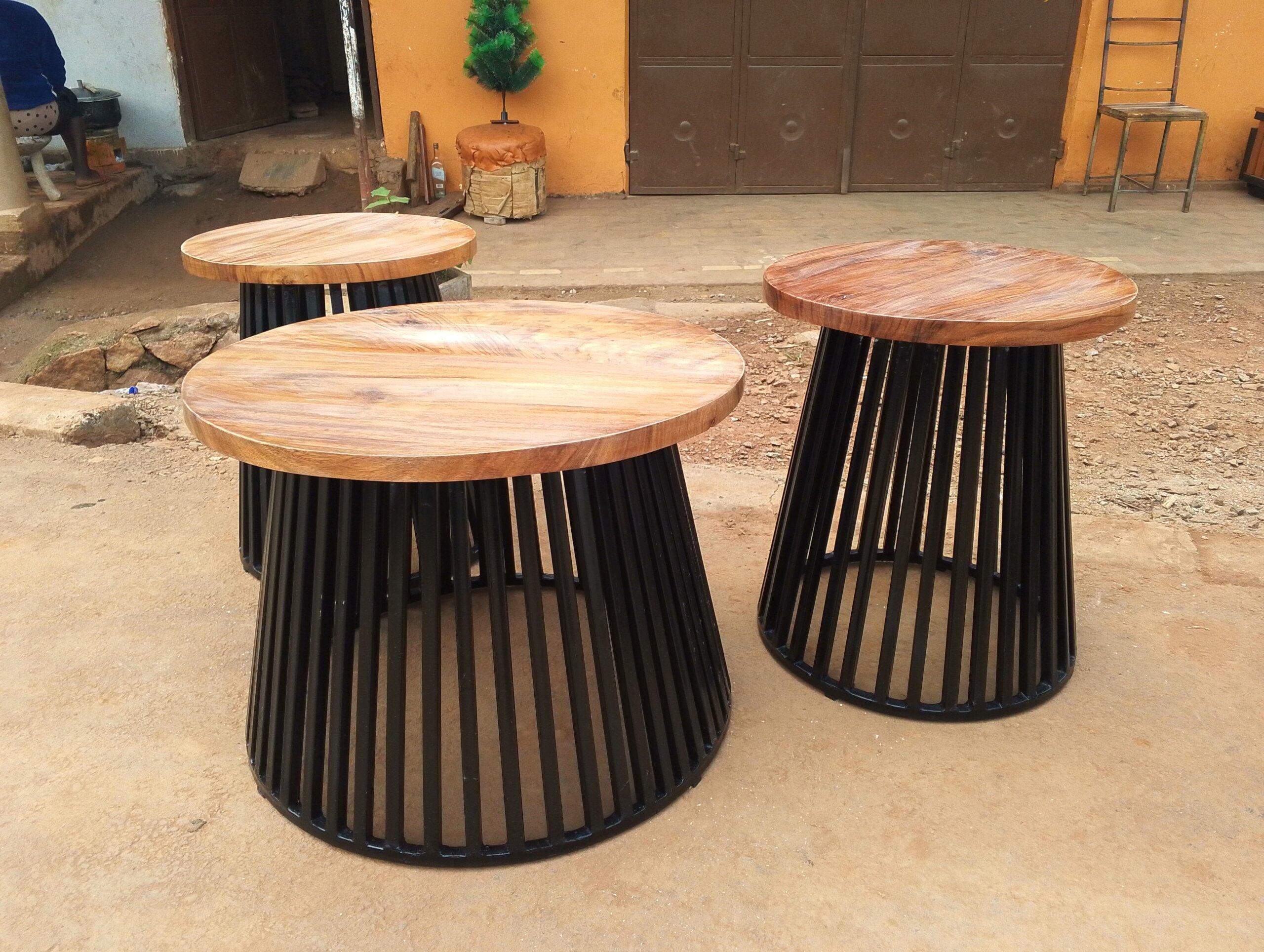 Wood and steel slated round coffee table