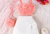 Flower Top+ White Skirt + Bag 3 Pieces Set