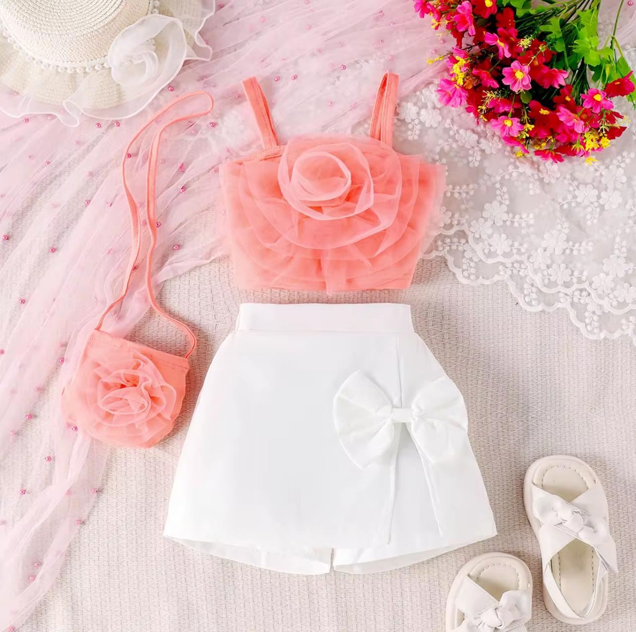 Flower Top+ White Skirt + Bag 3 Pieces Set