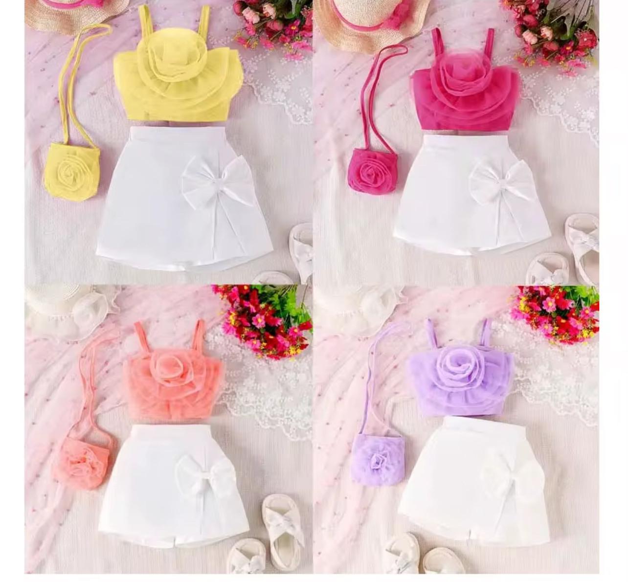 Flower Top+ White Skirt + Bag 3 Pieces Set