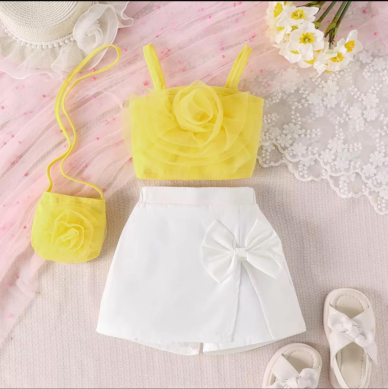 Flower Top+ White Skirt + Bag 3 Pieces Set