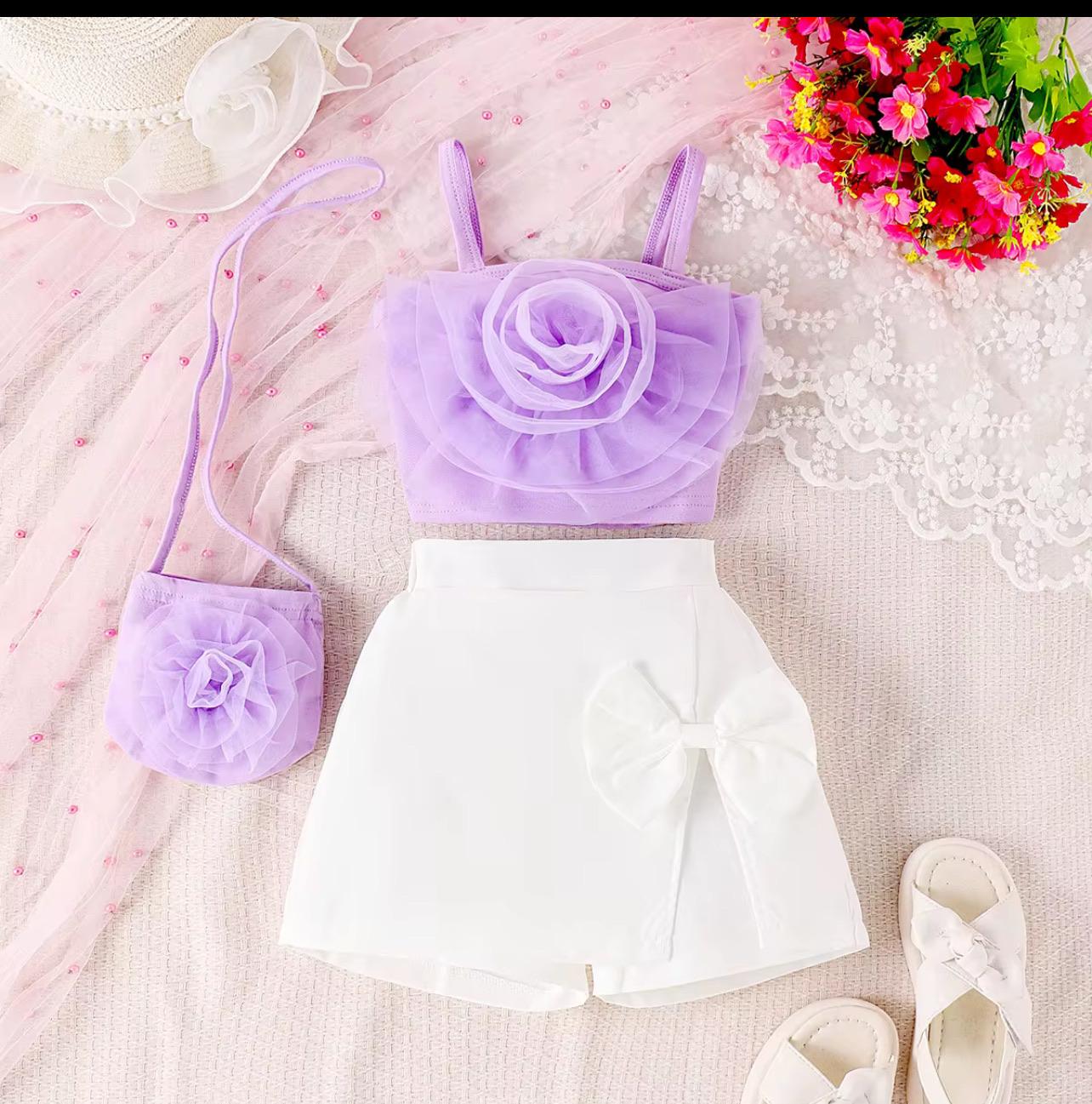 Flower Top+ White Skirt + Bag 3 Pieces Set
