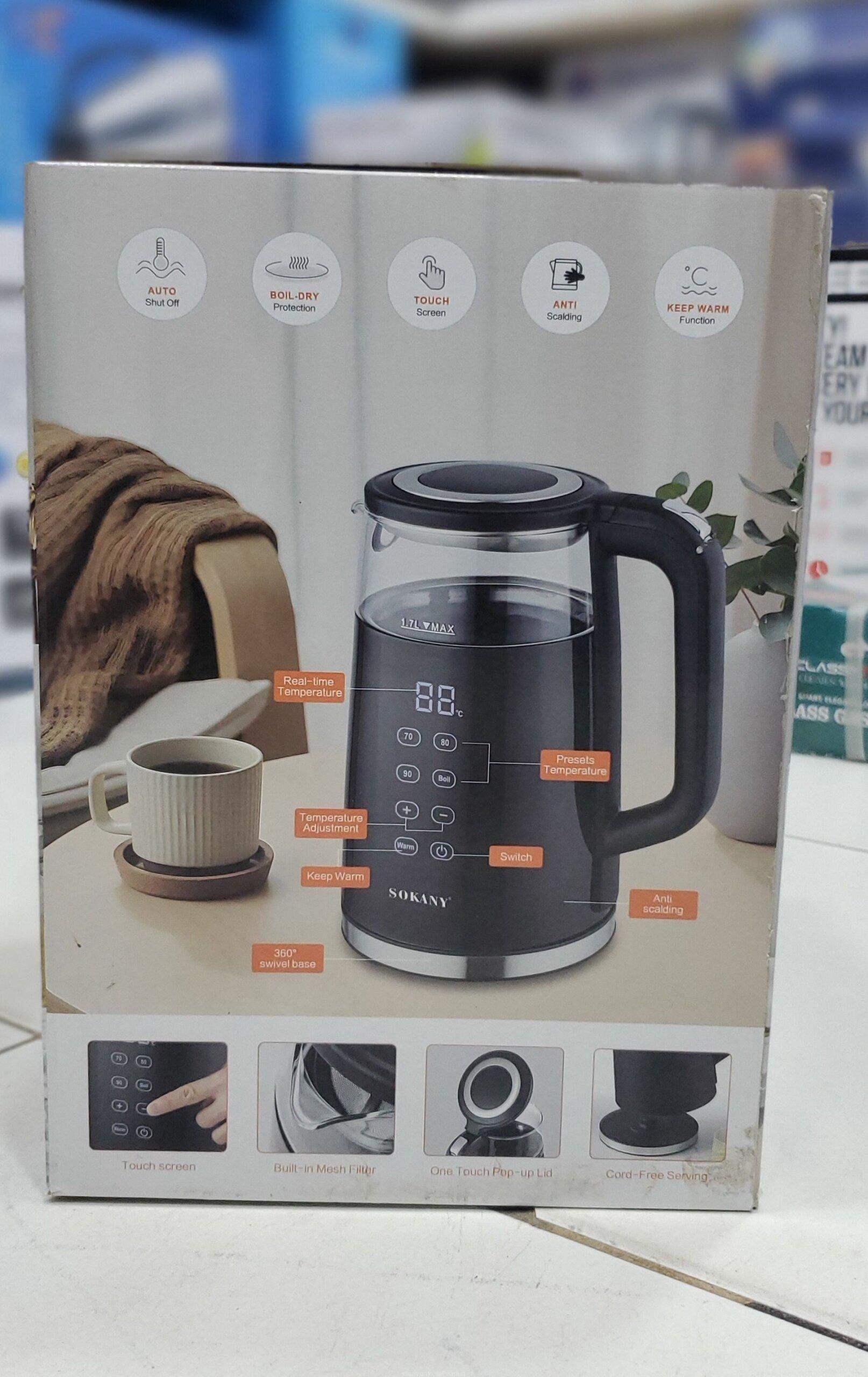 SOKANY Electric Kettle SK-09050 – 1.7L, 2200W, 3 Year Warranty, Touch Screen
