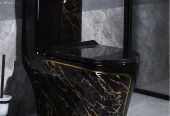 One-Piece Black and Gold Marble Pattern Toilet With hung wall basin