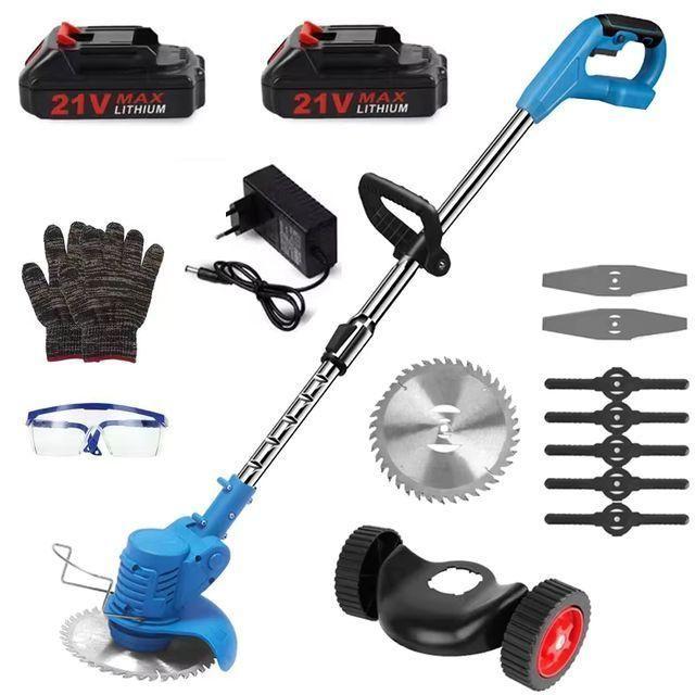 Rechargeable Grass cutter with two lithium batteries and wheels.