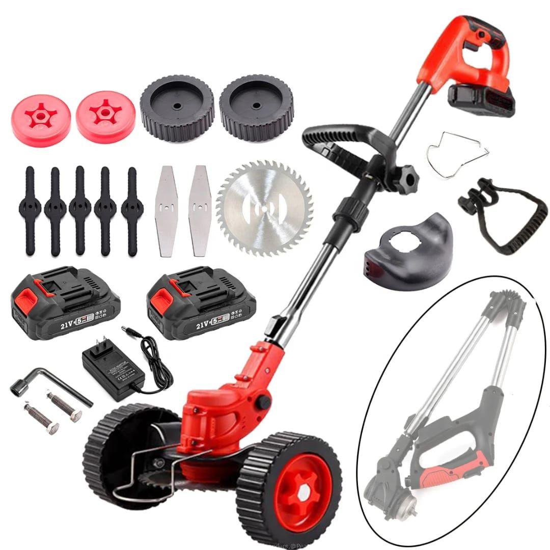 Rechargeable Grass cutter with two lithium batteries and wheels.