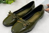 Women’s Army Green Glossy Ballet Flats – Comfortable Slip-On Casual Office Shoes
