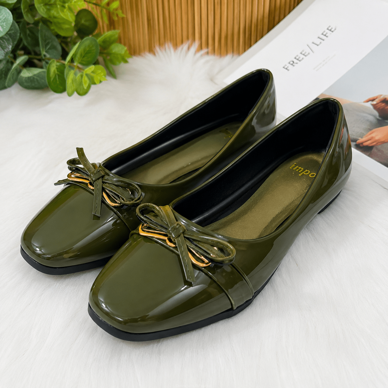 Women’s Army Green Glossy Ballet Flats – Comfortable Slip-On Casual Office Shoes