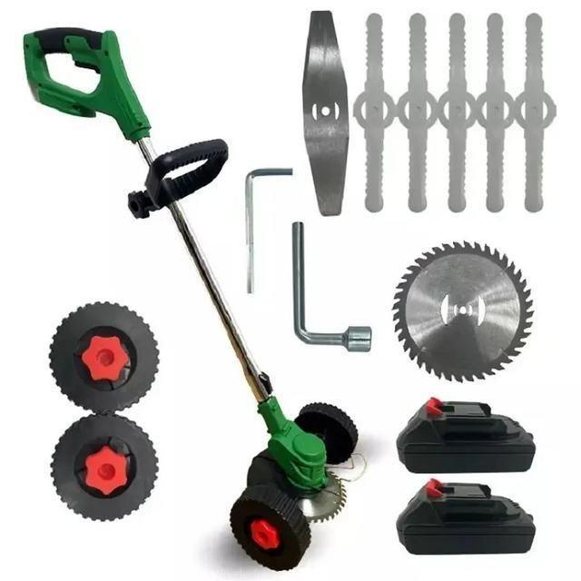 Rechargeable Grass cutter with two lithium batteries and wheels.