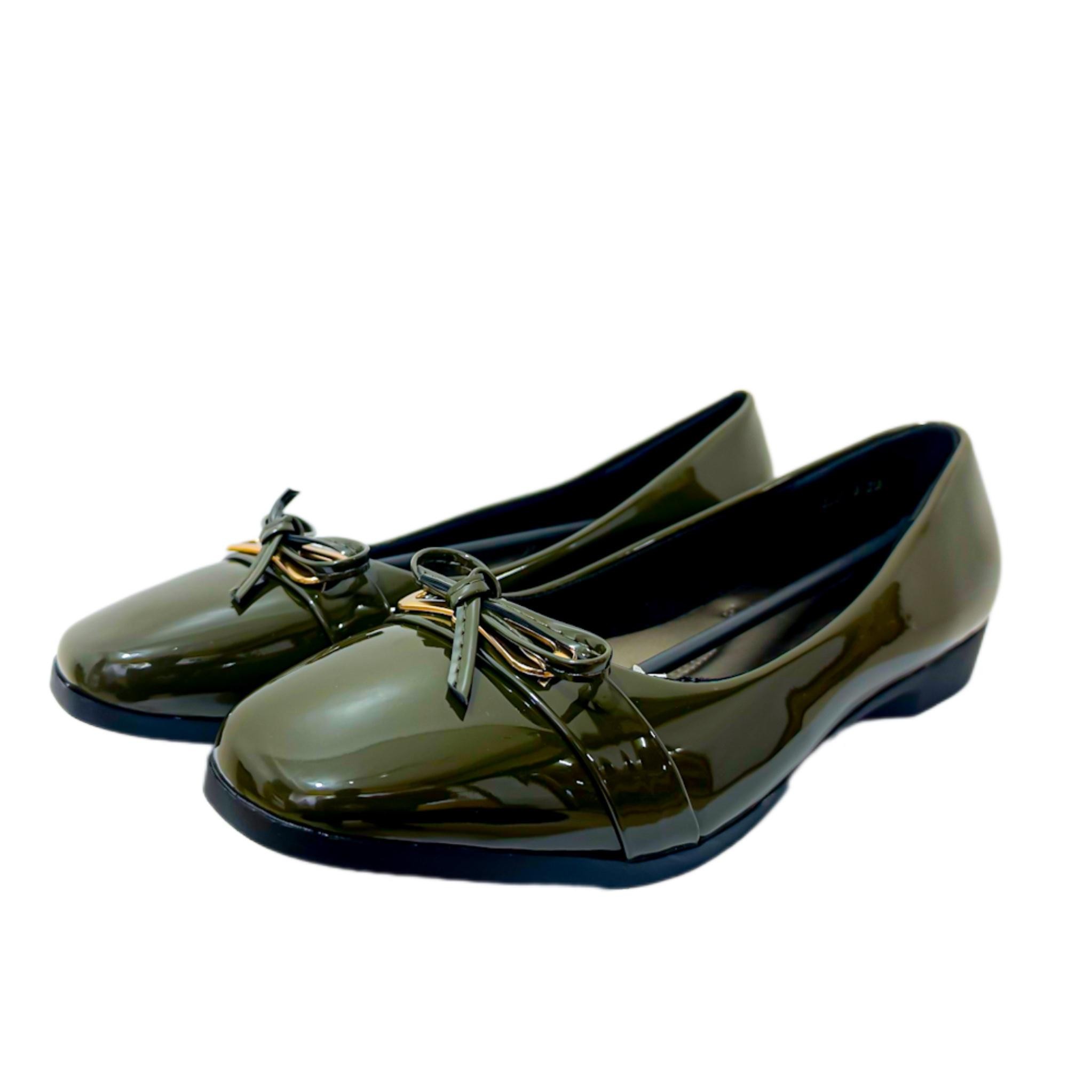 Women’s Army Green Glossy Ballet Flats – Comfortable Slip-On Casual Office Shoes