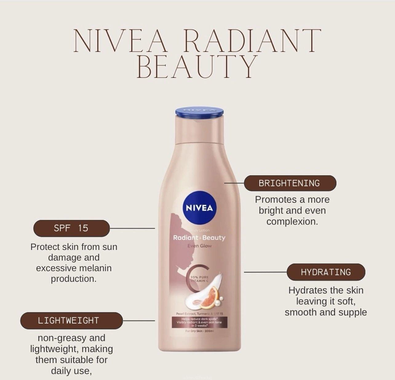 NIVEA Radiant & Beauty Even Glow lotion is enriched with 95% Pure Vitamin C, Turmeric, Pearl Extract & SPF15 Brand:NIVEA|Similar products from NIVEA