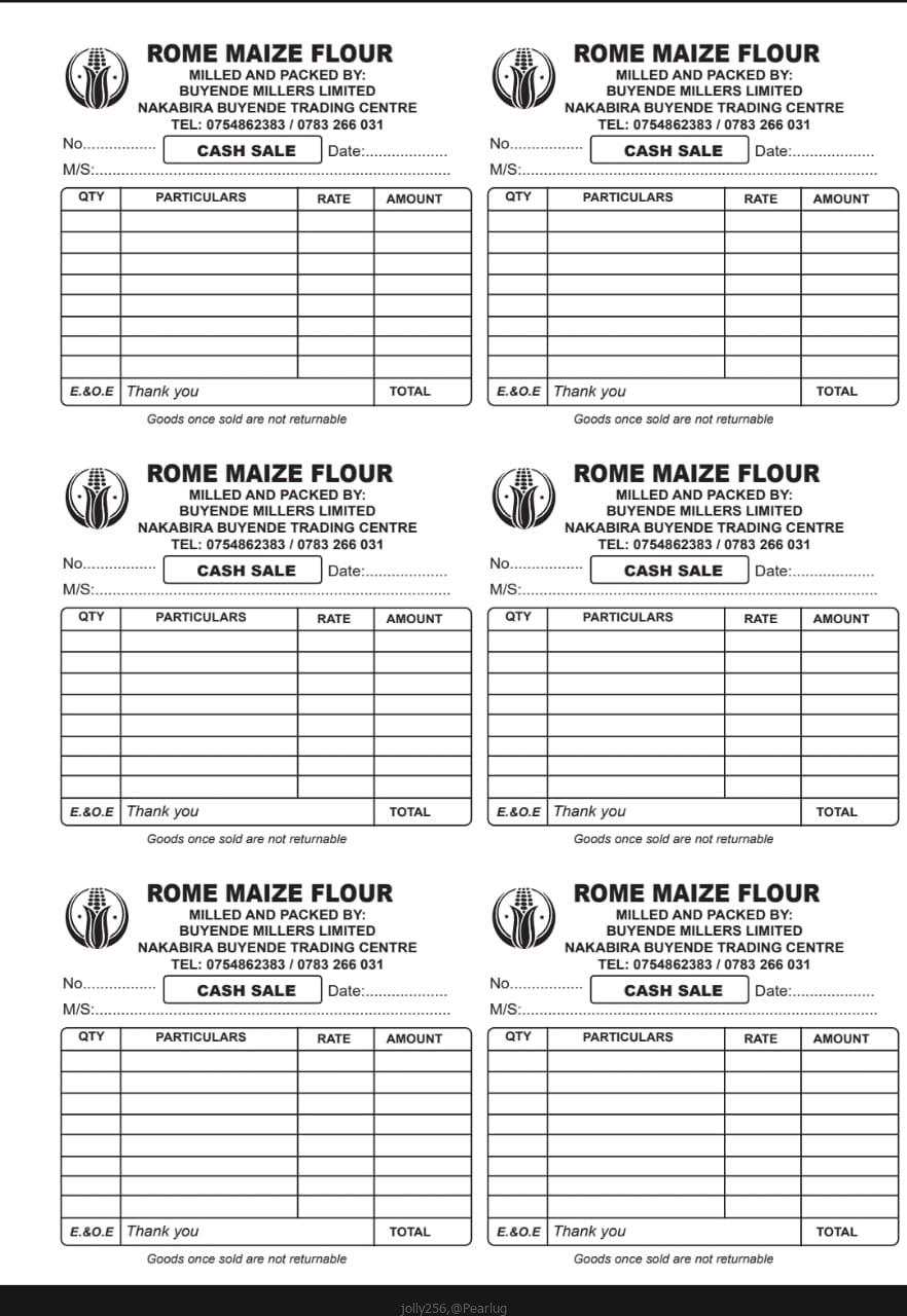 Cash Sale Reciepts